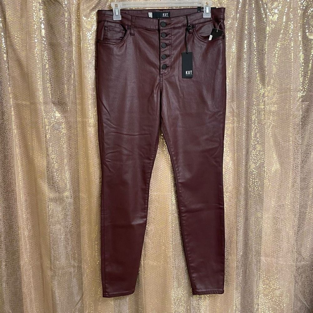 Kut from the Kloth Mia High Rise Skinny Wet Look Bordeaux Jeans 14 NWT